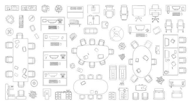 Top view of office furniture symbols for interior design and architectural floor plans