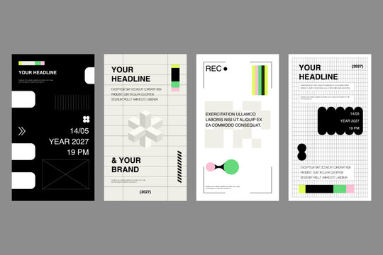 Set of modern editable poster templates in Swiss grid style. Minimal geometric layouts with brutalist typography, abstract shapes and contemporary design elements for branding, event flyers.