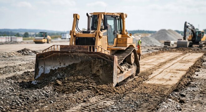 Bulldozer leveling subgrade on road project highlights heavy machinery power, ground shaping, civil engineering activity and modern infrastructure building.