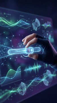 Close-up view of a human hand manipulating a glowing holographic interface with data visualizations and digital elements in a dark environment