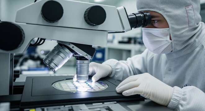Wafer surface inspection under microscope shows microelectronics quality control, semiconductor defect detection, clean manufacturing verification and precision process control.