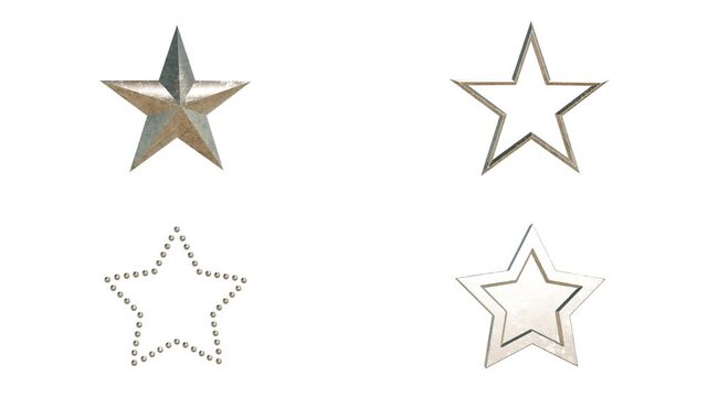 様々な形の星のシンボルがループ回転する3Dアニメーション。メタリックな金色のスターのデコレーション