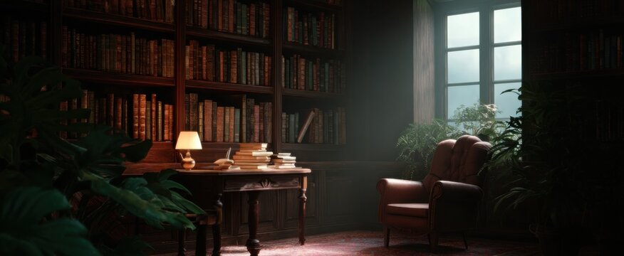 A cozy library corner softly lit like a garden where knowledge blooms quietly.