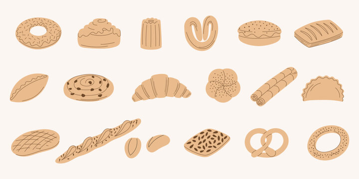 Pastry, buns icon vector set. Bakery or shop symbol, logo of pastry illustrations in line art. Flat design for breakfast, cafe.
