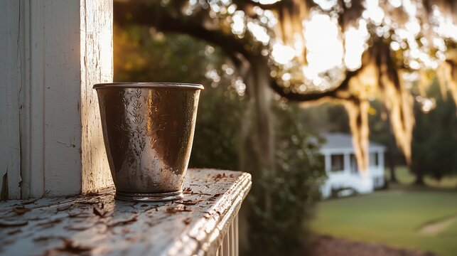 Mint Julep Day: A worn silver mint julep cup sitting on a aged wooden railing of an antebellum plantation porch, peeling white paint, Spanish moss hanging from oak trees in distance