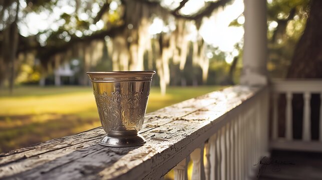 Mint Julep Day: A worn silver mint julep cup sitting on a aged wooden railing of an antebellum plantation porch, peeling white paint, Spanish moss hanging from oak trees in distance