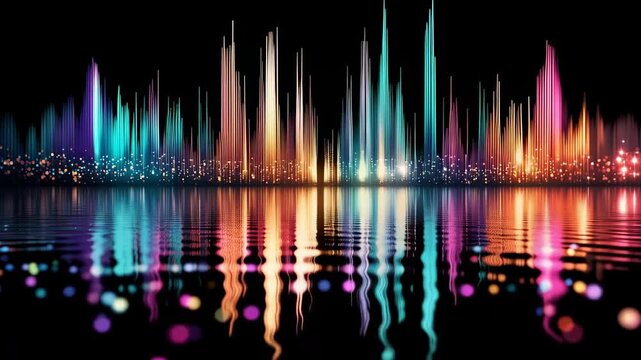 Sound waves create colorful patterns rising and falling in a dark environment near a reflective water surface