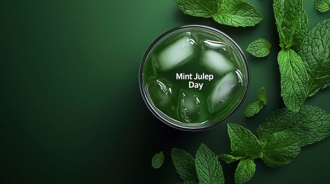 Minimalist banner design, "Mint Julep Day" in thin modern sans-serif white typography, single perfectly crafted mint julep cocktail centered, deep forest green solid background