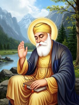 Guru Nanak, the founder of Sikhism, symbolizing wisdom, equality, and spiritual enlightenment.