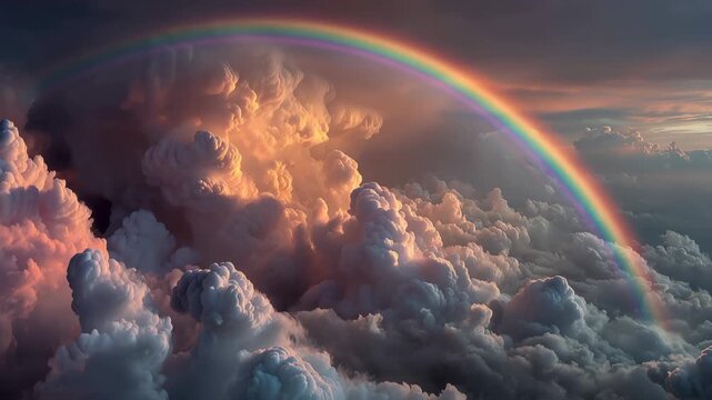 Vibrant rainbow arches over sunlit clouds in the sky during a colorful sunset