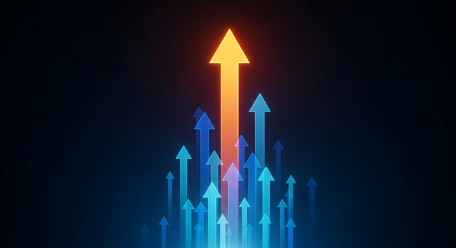 3d glowing golden arrow leading upward with blue digital growth indicators on dark futuristic background