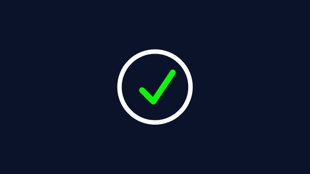 Green checkmark icon appearing in a white circle for success, approval, and task completion on dark background.