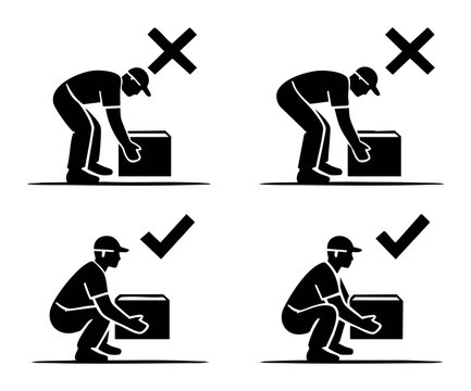 Man demonstrating right and wrong ergonomic lifting techniques with a box, illustrating safe and unsafe posture