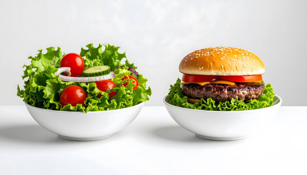 Unhealthy Food, Fresh salad vs fast food burger side by side clean background healthy lifestyle comparison