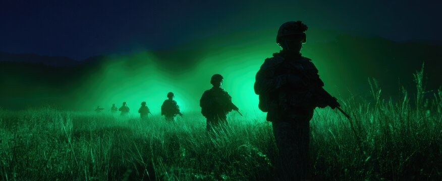 The military unit faces tense shadows and adrenaline in a low-light combat simulation at night