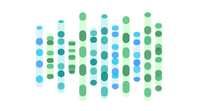 Dynamic animation of colorful circular and elliptical data points ascending and descending in vertical columns resembling a sound wave or a trending graph with subtle rhythmic movement