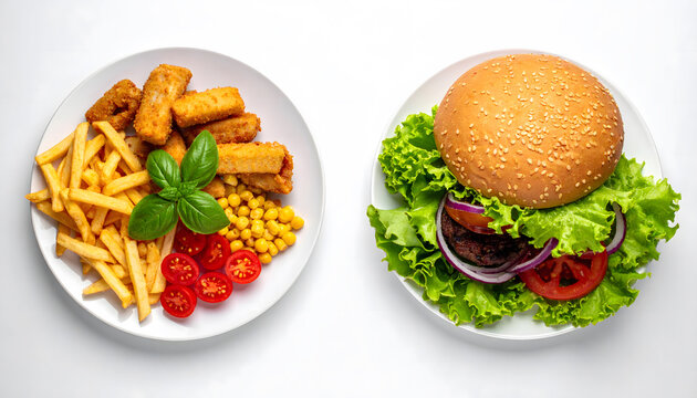 Unhealthy Food, Healthy meal versus junk food contrast composition nutrition choice balance lifestyle concept