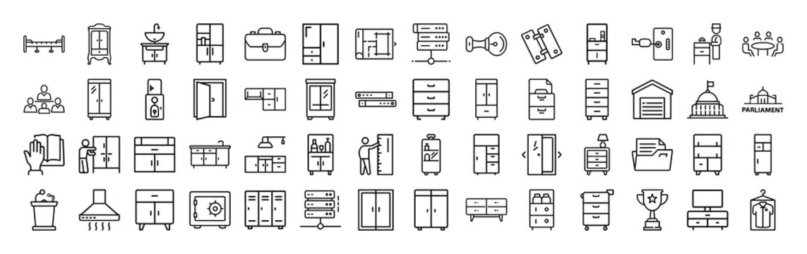 Minimalist furniture line icons set, modern home interior cabinet and storage symbols, 60 outline vector elements for house floor plans