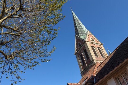Church and tower. Scenes at the centre of the town of Lingen Germany. Lower Saxony.