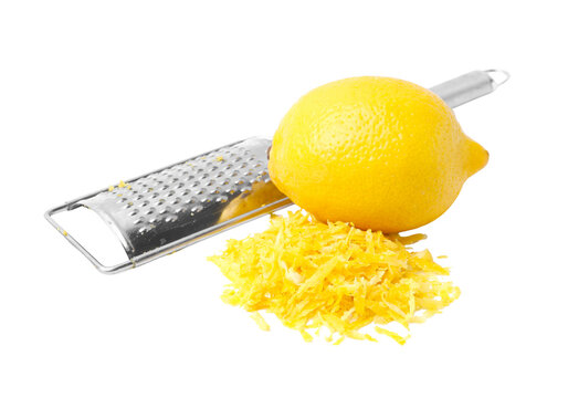 Fresh lemon with stainless steel zester and lemon zest pile, citrus zesting isolated on transparent background PNG