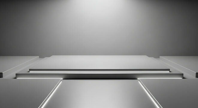 A futuristic, monochromatic stage or platform with multiple levels and integrated thin strip lighting, set against a stark, illuminated background in a modern, industrial aesthetic.