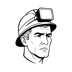 Logotipo con dibujo minimalista con líneas de la cara de un minero con casco con linterna frontal  © teracreonte