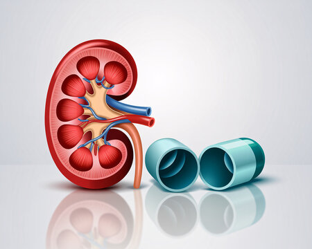 Anatomical illustration of a human kidney with a cross-section and ureter tubes