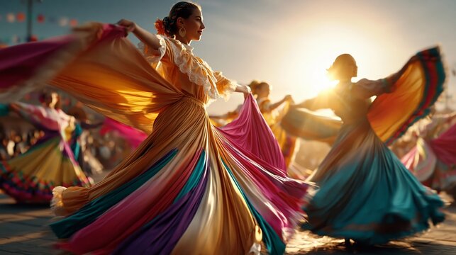 Female dancer in colorful traditional dress twirls gracefully during a cultural festival, vibrant skirts flowing in the sunlight against a festive backdrop