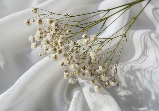Delicate sprig of dried babys breath flowers resting on soft white fabric background