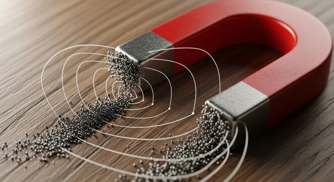 Horseshoe magnet attracting iron filings, displaying magnetic field