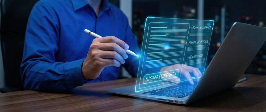 Digital signature process in a modern office business environment technology content night viewpoint innovation concept for enhanced workflow efficiency