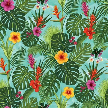 Dense tropical jungle pattern with vibrant hibiscus flowers and lush green palm leaves on turquoise background
