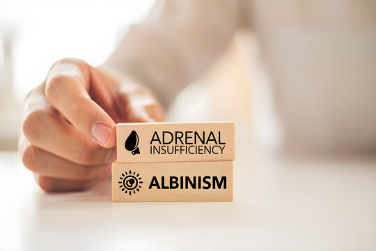 Hand placing wooden blocks labeled adrenal insufficiency and albinism for medical awareness transparent background
