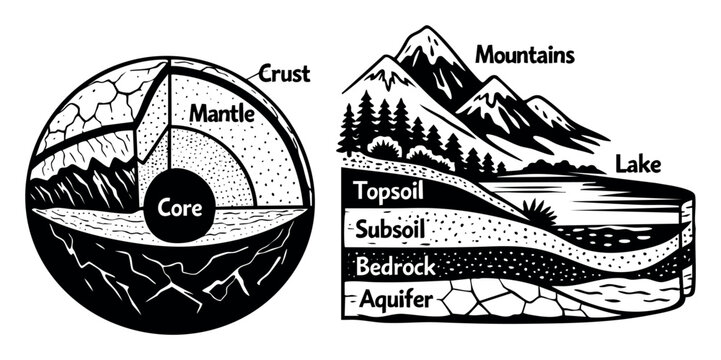 Geology cross-section conceptualizing different layers of soil, bedrock, and an aquifer system alongside the internal structure of earth