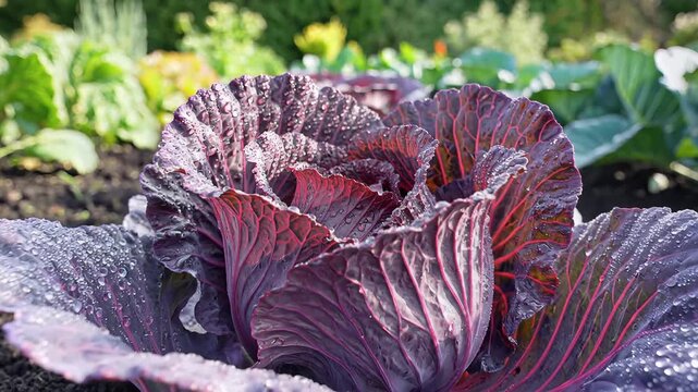 Closeup of a vibrant red cabbage growing in a garden bed 1.