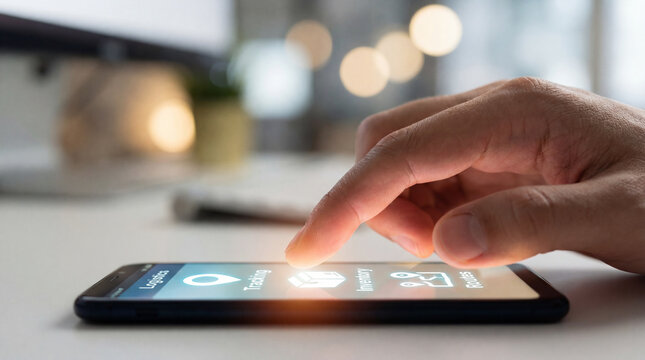 Close-up of hand using a logistics management app on a smartphone to track shipments and inventory in a modern office with shallow depth of field.