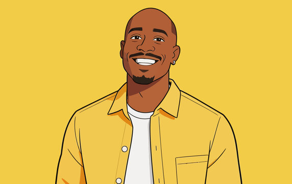 Cartoon portrait of smiling bald Black man in yellow outfit