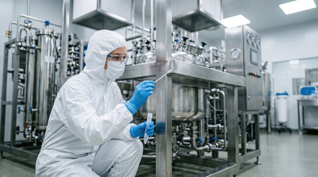 Microbiology technician swabbing equipment seam in pharmaceutical area highlights surface surveillance, hygienic verification and regulated cleanroom monitoring.
