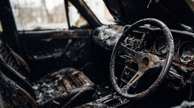 Burnt car interior after fire emergency. Destroyed steering wheel and dashboard of vehicle ruined by flame. Investigation of automotive accident, arson, disaster, and transport insurance loss.