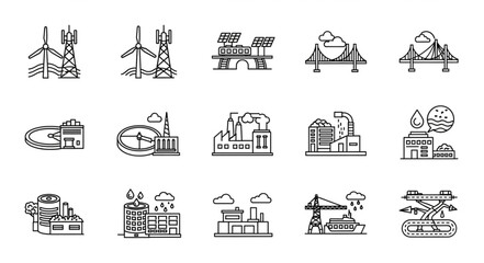 Fototapeta premium Collection of Industrial Buildings and Structures Icons.