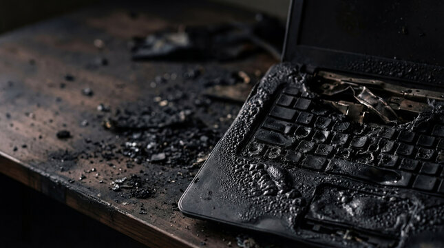 Burnt laptop computer on a wooden desk. Concept of electronics failure, technology hazard, and fire damage. Dangerous workplace incident, data loss, and hardware accident investigation.