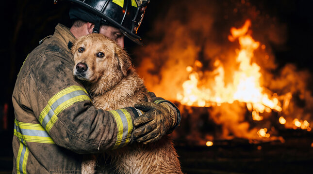 Firefighter holding rescued dog during emergency situation. Brave man saving pet from fire. Heroic work of fire department rescue operation. Emotional scene of protection and animal care.