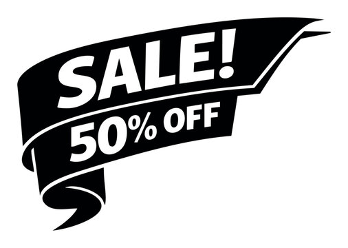 Black and white ribbon banner displaying a Sale 50 Off message. Concept of discounts, special offers, and price reduction