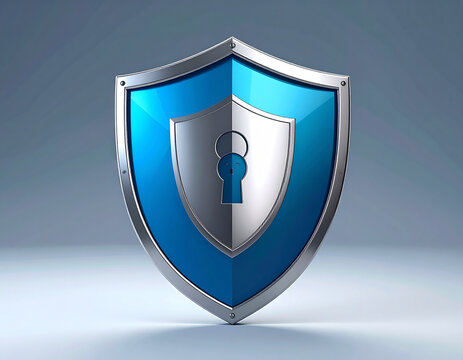 3D blue and silver shield with lock symbol