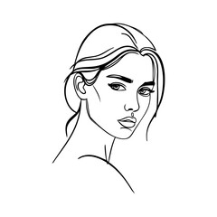 Logotipo de salón de belleza. Dibujo minimalista con línea continua de la cara de una mujer con pelo recogido, vista de perfil  © teracreonte
