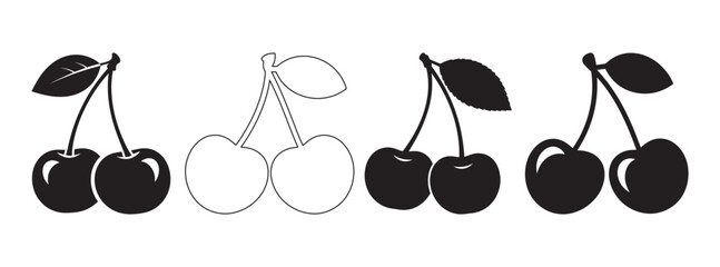 Set of cherries icons silhouette and outline isolated on white background cherries collection silhouette isolated background illustration © Mizanur Rahman