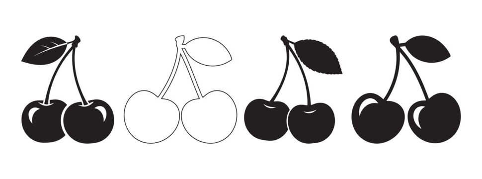Set of cherries icons silhouette and outline isolated on white background cherries collection silhouette isolated background illustration