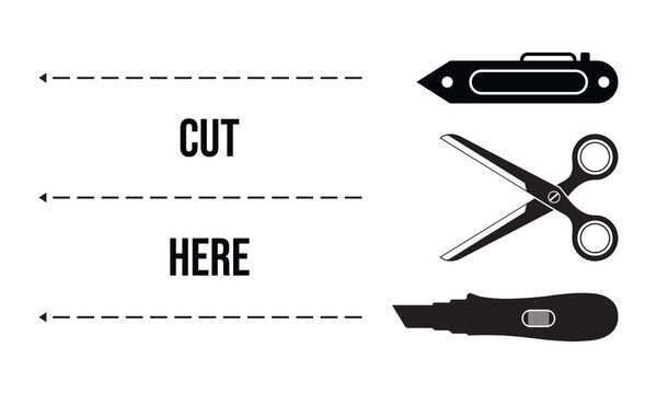 Cut here graphic with scissors and utility knife icons scissors instruction stationery illustration isolated background actionable