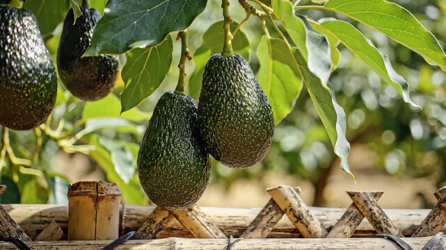 Avocadoes Growing on Tree Branch with Green Leaves Sunlight.