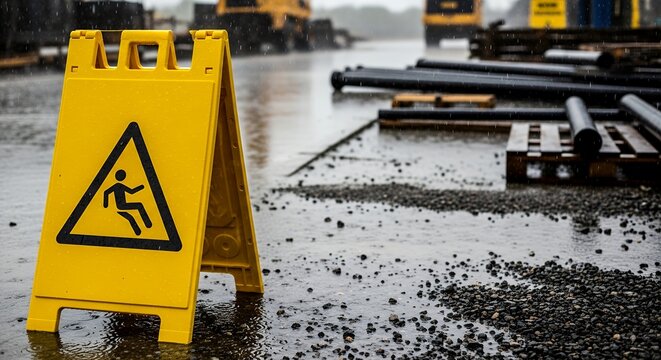 Yellow caution sign on wet construction site warning of slippery floor hazards